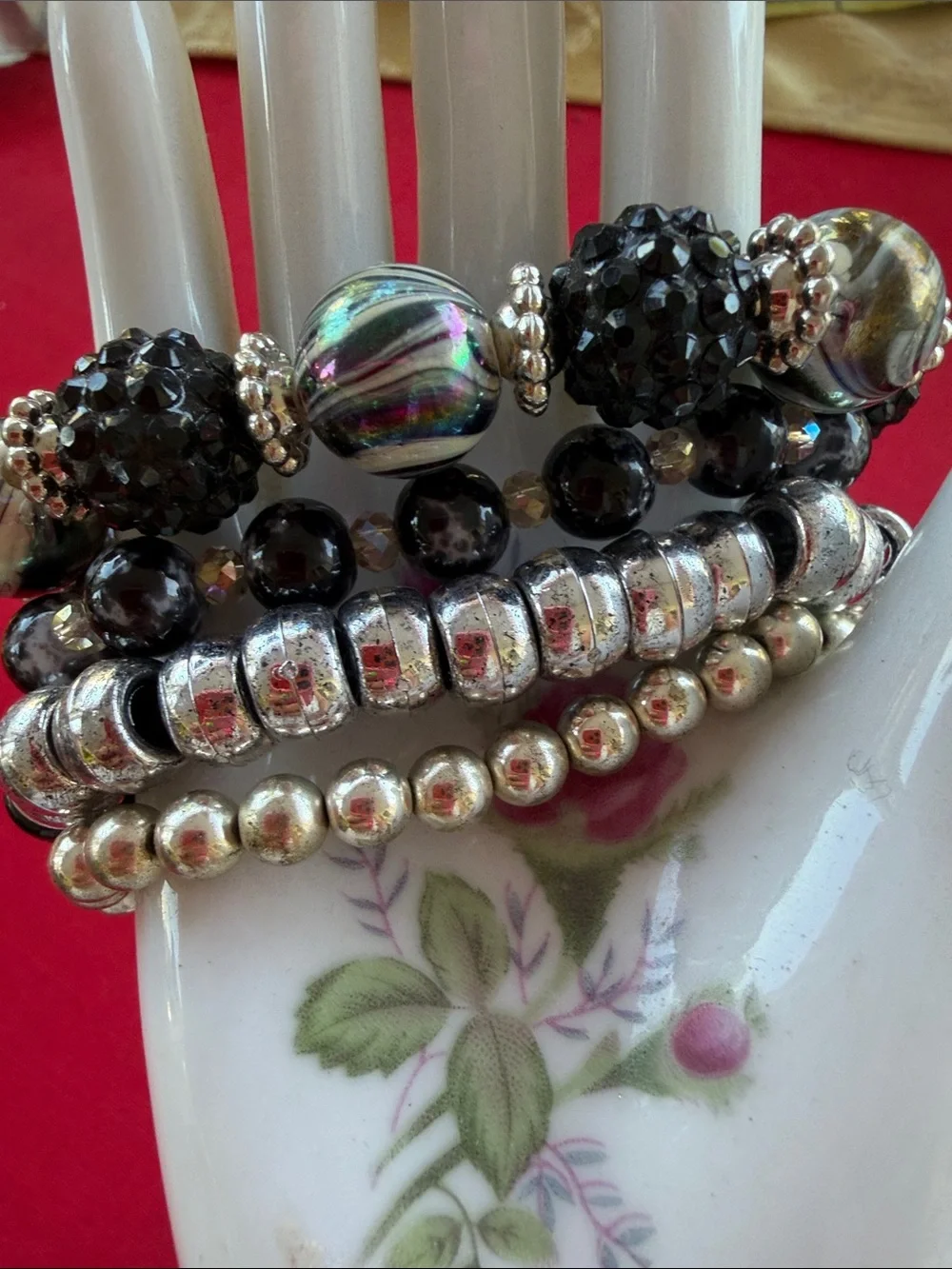 Black & Silver Beaded Stretch Bracelet Bundle - Unbranded
